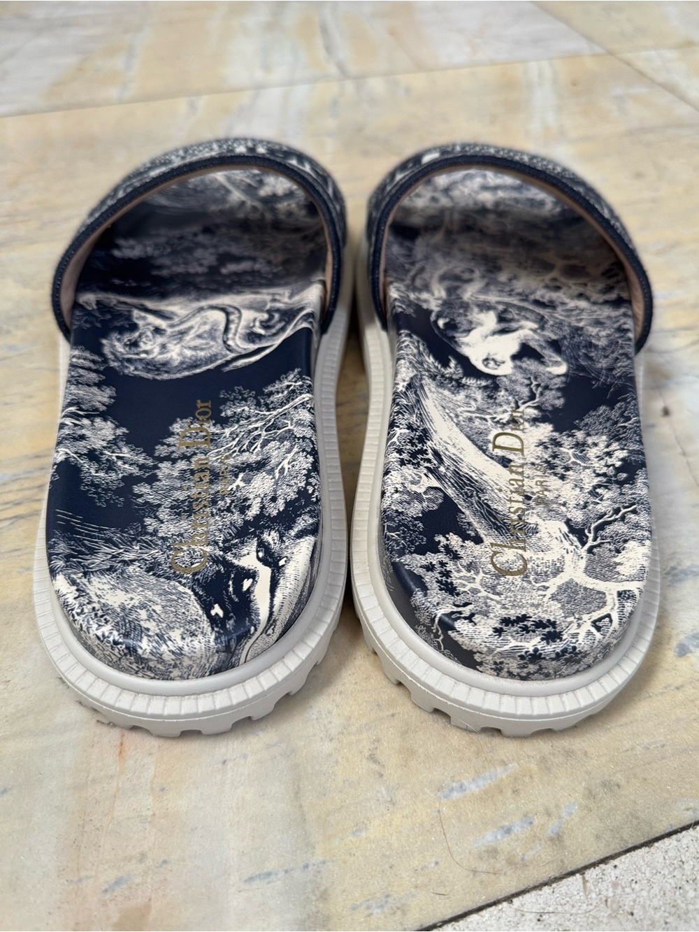 Christian Dior Blue White Dway Flower Toile Logo Slide Sandals size 37 - Picture 6 of 16